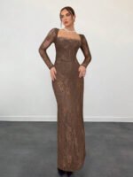 ⁦فستان سهرة طويل دانتيل بأكمام طويلة ورقبة مربعة⁩ - الصورة ⁦102⁩