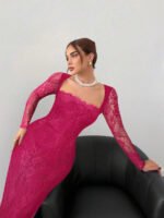 ⁦فستان سهرة طويل دانتيل بأكمام طويلة ورقبة مربعة⁩ - الصورة ⁦103⁩