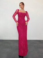 ⁦فستان سهرة طويل دانتيل بأكمام طويلة ورقبة مربعة⁩ - الصورة ⁦107⁩