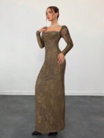 ⁦فستان سهرة طويل دانتيل بأكمام طويلة ورقبة مربعة⁩ - الصورة ⁦110⁩