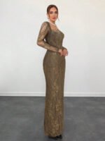 ⁦فستان سهرة طويل دانتيل بأكمام طويلة ورقبة مربعة⁩ - الصورة ⁦111⁩