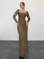 ⁦فستان سهرة طويل دانتيل بأكمام طويلة ورقبة مربعة⁩ - الصورة ⁦112⁩