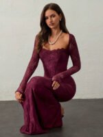 ⁦فستان سهرة طويل دانتيل بأكمام طويلة ورقبة مربعة⁩ - الصورة ⁦113⁩