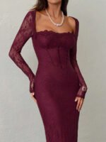 ⁦فستان سهرة طويل دانتيل بأكمام طويلة ورقبة مربعة⁩ - الصورة ⁦114⁩