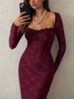 ⁦فستان سهرة طويل دانتيل بأكمام طويلة ورقبة مربعة⁩ - الصورة ⁦118⁩