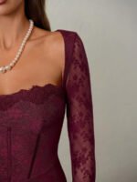 ⁦فستان سهرة طويل دانتيل بأكمام طويلة ورقبة مربعة⁩ - الصورة ⁦119⁩