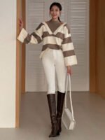 ⁦كنزة صوفية بياقة مستديرة ذات لونين⁩ - الصورة ⁦5⁩